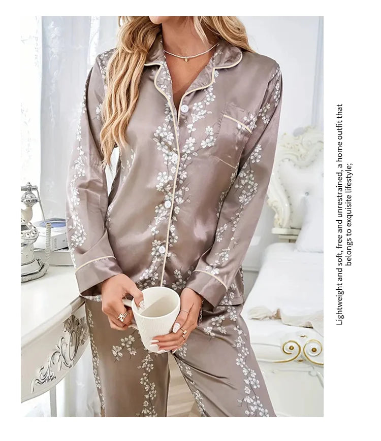 Women Satin Pajama Casual Sleepwear Home Clothes Suit Autumn Long Sleeve Button Up Top & Pants Nightwear Loungewear Pyjama Femme