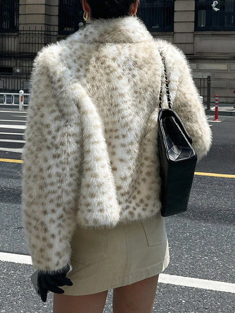 LIMO Women Lapel Leopard Print Faux Fur Jacket Cropped Fluffy Plush Open Front Outerwear