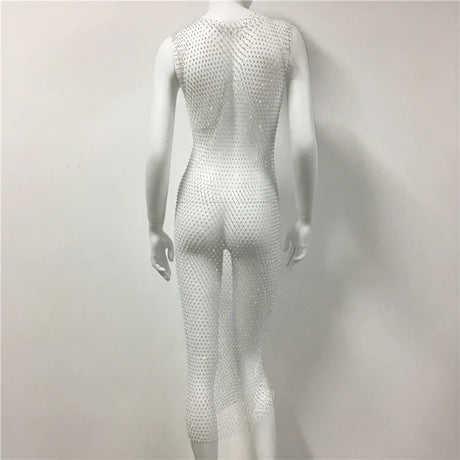 Fishnet Bling Diamonds Women Dress High Split Plaid See Through Sleeveless Summer Sexy Slim Long Dresses Dance Party Fashion New