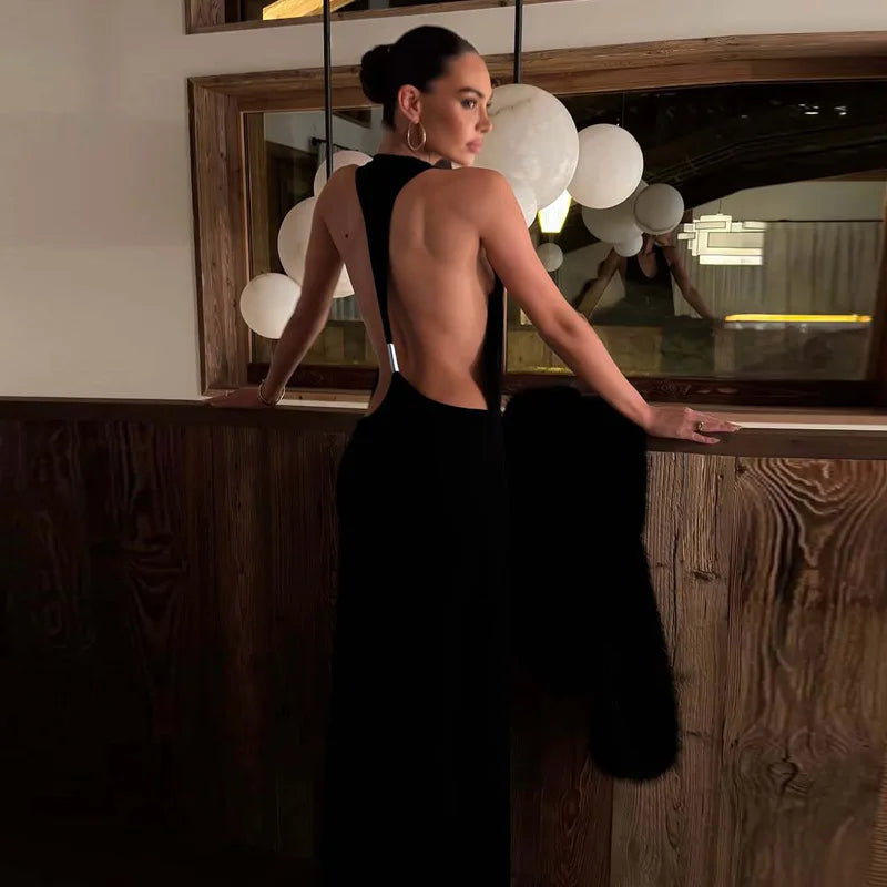Typhaland Backless Sexy Halter Long Eevning Party Drss Female V Neck Streetwear Dress Hit Girl Slim Female Black Maxi Dress Lady