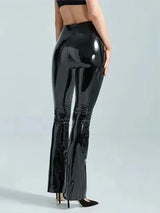 Women's Glossy Stretch Faux Leather Slim Fit Bell Bottom Pants Elastic Waistband Ladies Shiny PU Leather Women Sexy Trousers New