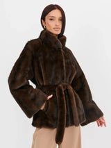 2026 Autumn Winter Women Faux Mink Fur Coat Lapel Collar Belted Long Jacket Luxury Fluffy Outerwear Brown