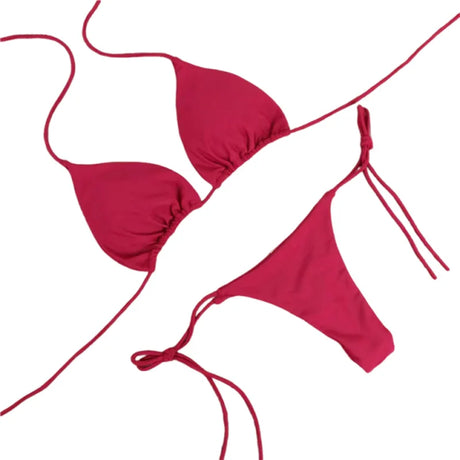 Solid Red String Bikini Set Halter Neck Triangle Top Side Tie Thong Bottom Women Summer Beach Swimwear