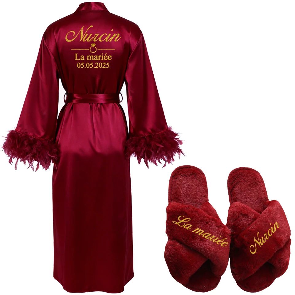 Customized Bathrobe for Women Personalized Name And Date Robe Add Any Text Gown for Bridal Party Feather Bride Robes