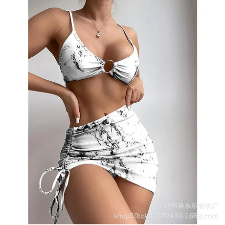 Bikini Printed Crop Neck Bikinis Ruched Waist Side Tie Swimwear Marble Print Metal Ring Detail Two Piece Sets