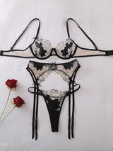 Belamimi Luxury French Embroidery Underwire Lift Shaping Sexy Underwear Garter Belt 3 Pieces Outfit