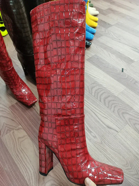 2024 NEW Fashion High Tube Knee High Boots 10cm/6.5cm Thick Heel 21 Colors Women Short Plush Boots Size 45 Winter Leather Shoes