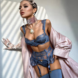 Diccvicc Coquette Slate Blue Lingerie Set 4 Piece Eyelash Lace Satin Bra Peplum Ruffle Garter with Rosebud Thong Women Nightwear