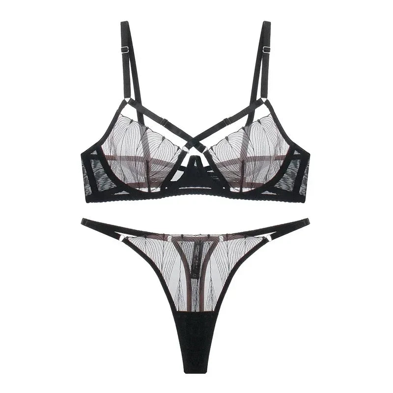 Women Sexy See Through Lace Bra Set Elegant Perspective Bikini Thong Set French Style Erotic Push Up Underwear Bra Panty Sets