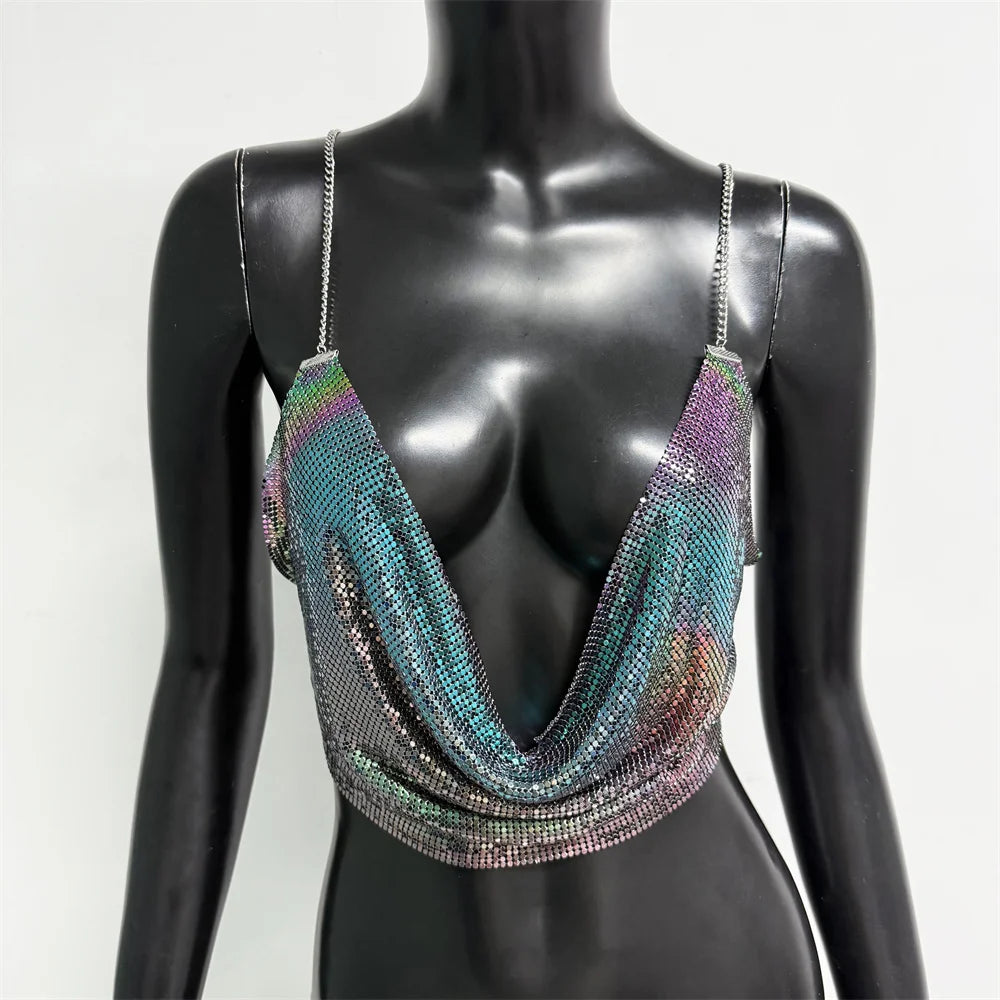 Fashion Metallic Sequins Party Tank Top Sexy Deep V Neck Backless Spaghetti Straps Sling Crop Top 2024 Rave Nightclub Camisole