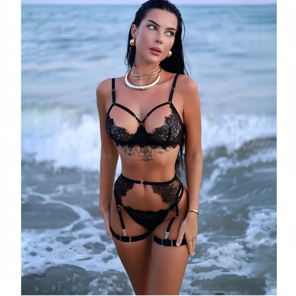 Krasapt Fancy Lace Sexy Lingerie 4 Pcs Sets Sexi Hollow Out Sheer Bras And Thongs Garter Suits With Peplum Skirt Erotic Outtits