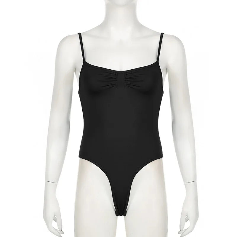 Women's Sleeveless Skinny Shirring Bodysuit Spaghetti Strap Black Solid Simple Basic Sexy Camisole for Vacation