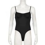 Women's Sleeveless Skinny Shirring Bodysuit Spaghetti Strap Black Solid Simple Basic Sexy Camisole for Vacation