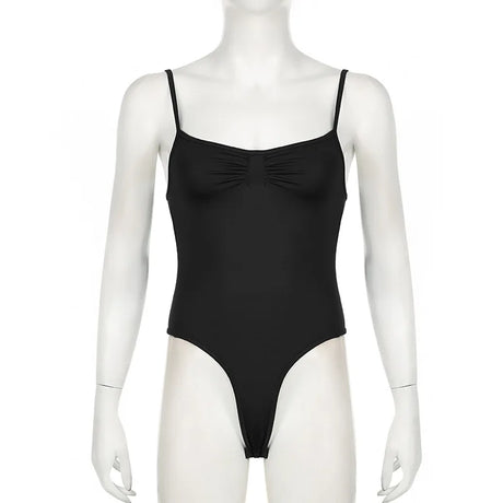 Women's Sleeveless Skinny Shirring Bodysuit Spaghetti Strap Black Solid Simple Basic Sexy Camisole for Vacation