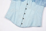 Women Sky Blue Retro Jacquard Corset Tops Lace Short Sleeved One Shoulder Sexy Slimming Shaper Overbust Bustiers Lingerie