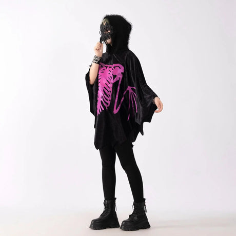 2025 New Halloween Costume for Women - Sexy Skeleton Print Cloak Outfit with Dress Set for Party Cosplay Haunted House Costume