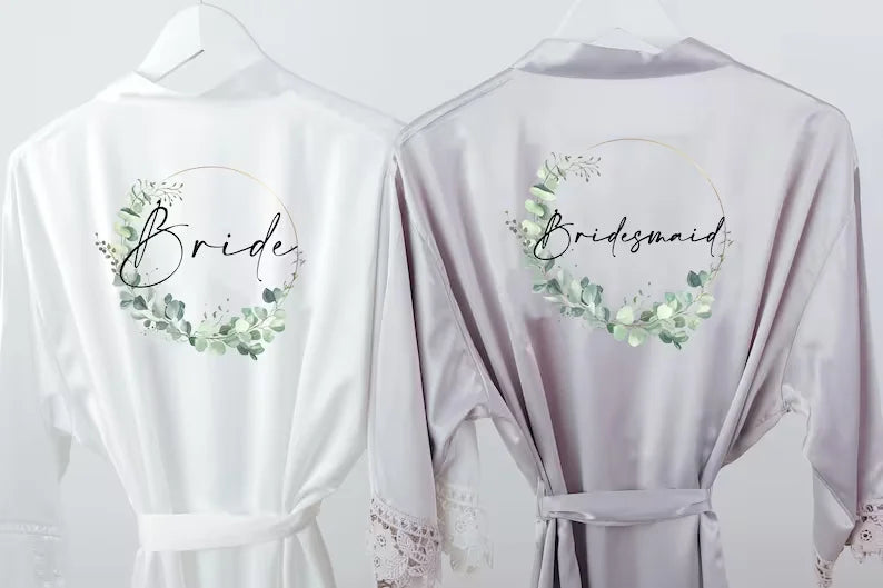 Personalised Sega Floral Wreath Robes Custom Bridal Robe Satin Wedding Bridesmaid Kimono Dressing Gown Bride to be Robe