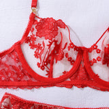 Heavy industry embroidery sequin red slim fit perspective high-end splicing gemstone decoration sexy lingerie four piece set
