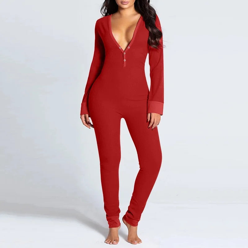 Sexy Pyjama Women's Long Sleeves Homewear Suit Button-Down Front Back Butt Bum Open Ass Flap Jumpsuit Loungewear Christmas Print