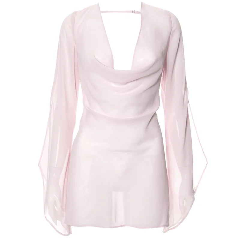 Womens Dresses Spring 2026 New Sexy See Through Backless Low Chest Mini Dress Streetwear Fashion Lace-up Long Sleeves Lady Dress