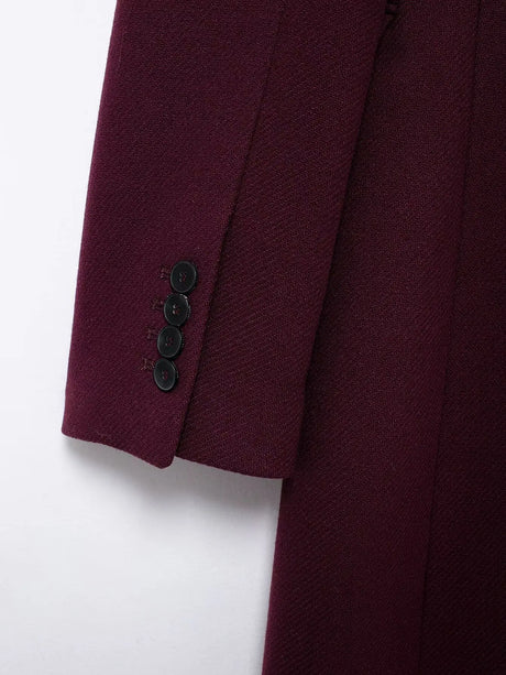 HH Women Fashion Burgundy Coat Double Breasted Long Sleeve Lapel Blends Jacket Autumn Winter High Street Outerwear
