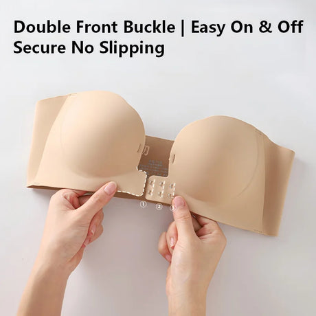 Wireless Strapless Bra Women Double Front Buckle 6Point AntiSlip 3Level 3D Molded Petal Deep V Seamless Multiway Pushup Bra 1PC