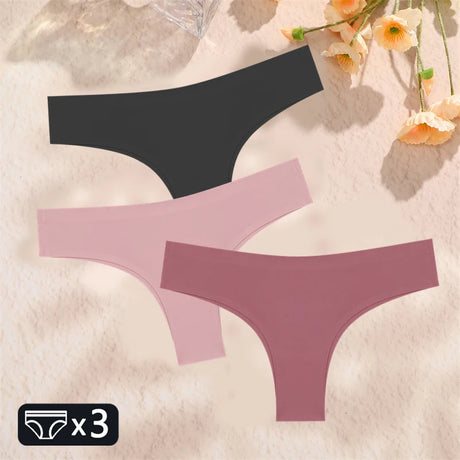 FINETOO 3PC Women Seamless Panties Sexy Brazilian Thong Female Low Waist Solid Color Briefs Comfortable Invisible G-string Panty