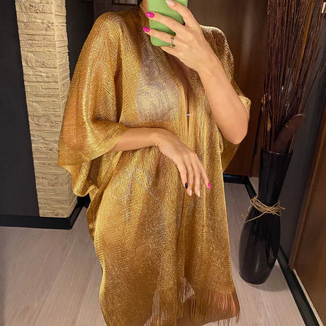 Swimsuit Cover-ups  Fashion Tassel Gold Bikini Beach Cover Up Sexy Beach Dress Tunics for Women Summer Wear See Through