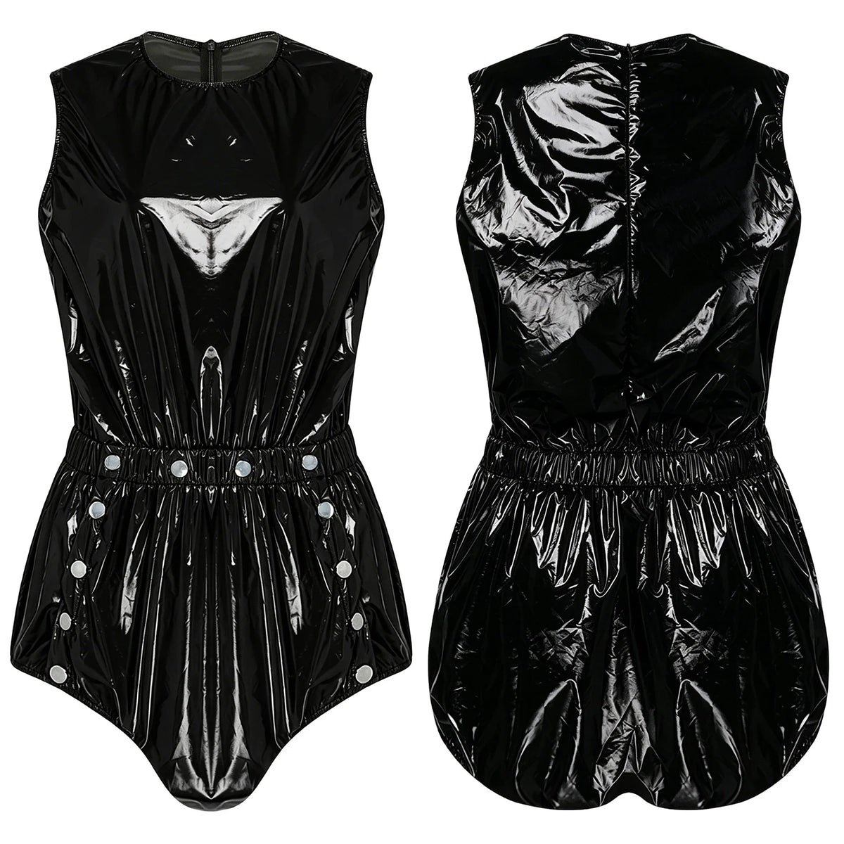 Women One Piece Adaptive Pajama Nightwear Shiny Metallic Sleeveless Buttoned Sleeveless Jumpsuit Waterproof Rompers Bodysuit