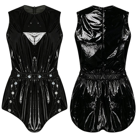 Women One Piece Adaptive Pajama Nightwear Shiny Metallic Sleeveless Buttoned Sleeveless Jumpsuit Waterproof Rompers Bodysuit