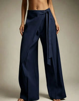 Women High Waist Wide Leg Pants Loose Wrap Tie Knot Asymmetric Pleated Trousers Beach Casual Bottoms