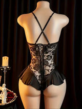 Sexy Crotchless Lingerie Women Lace Hollow Bodysuit Pajamas Teddy Babydolls Deep V Open Bra Porn Underwear Dress Erotic Costumes