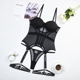 MUZISKAT Mesh  Lingerie Luxury Brand Bodysuit Backless Tops for Women 3 Piece Lingerie Set with Garter Sexydresses for Women