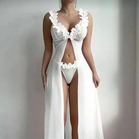 New Sexy Women Nightgowns Floral Sleepwear Summer Slip Night Dress Deep-V Lace Sleep Dress Mesh See Through Baby Doll Nightie