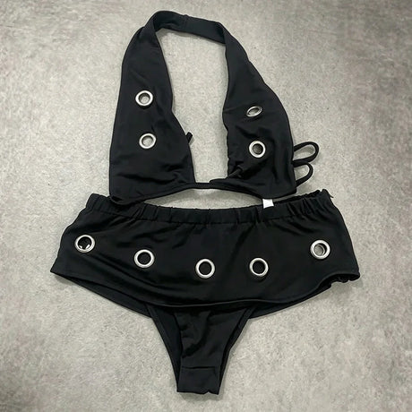 Personality Leisure Vacation Black Metal Design Swimsuit Suit Beach Joker Swimsuit Fashion Sexy Triangle Shorts Bikini Top