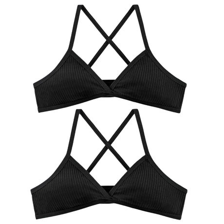 2Pcs/Set Ribbed Cross Back Triangle Bralette Set Women Spaghetti Strap Breathable Daily Bra Wireless Casual Daily Lingerie S-L