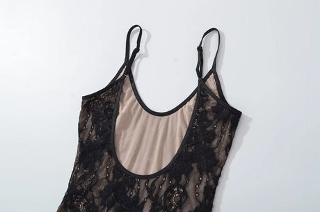 Sexy See Through Lace With Lining Backless Spaghetti Strap Bodysuit Woman Sling Tight Short Jumpsuit Slim Fit Rompers Playsuits