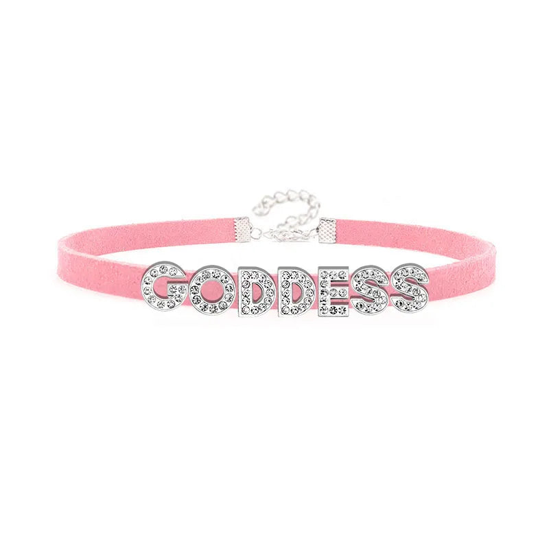 Sexy Rhinestone Letters Hotwife Collar Choker for Women Men DIY Customized Necklaces Pink Suede Leather Cosplay Jewelry Gift