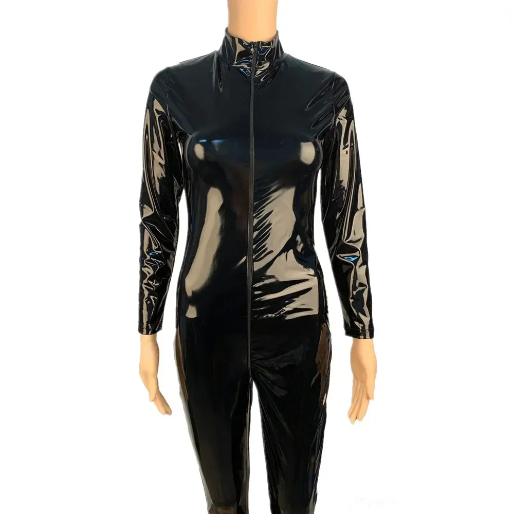 Sexy Hot Women Faux Leather Catsuit PVC Latex Bodysuit Front Zipper Open Crotch Jumpsuits Stretch Bodystocking  Costumes