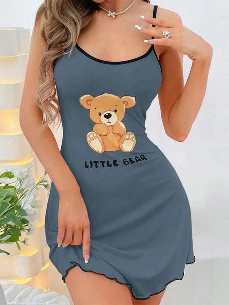 Summer Suspenders Mini Dress Women Sleepwear Comfortable Home Leisure Sexy Nightgowns Littler Bear Printed Nightdress