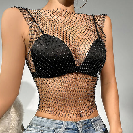 New Sexy Mesh Crop Tops for Women Summer Rhinestones Fashion Party Club See Through Fishnet Tank Hollow Out Backless Top