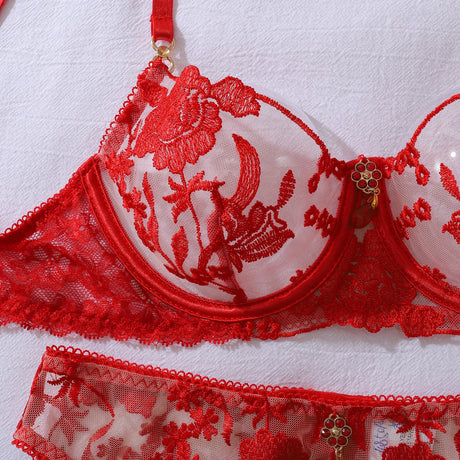 Heavy industry embroidery sequin red slim fit perspective high-end splicing gemstone decoration sexy lingerie four piece set