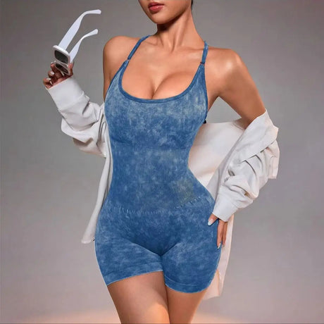 Distressed Washed Yoga Bodysuit for Women - Seamless No Panty Line Strappy Dance Leotard, Vintage Soft Workout Unitard for Gym