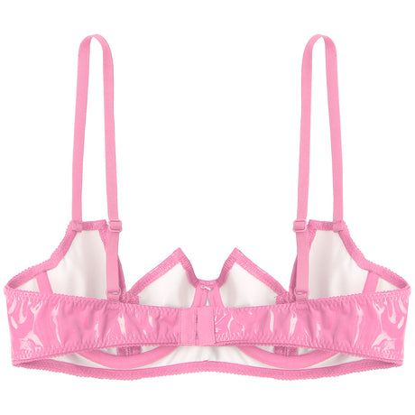 Women Sexy Exposed Nipple Bras Wet Look Patent Leather Underwired Brassiere Top Lingerie for Nightclub Pole Dacing Nightwear