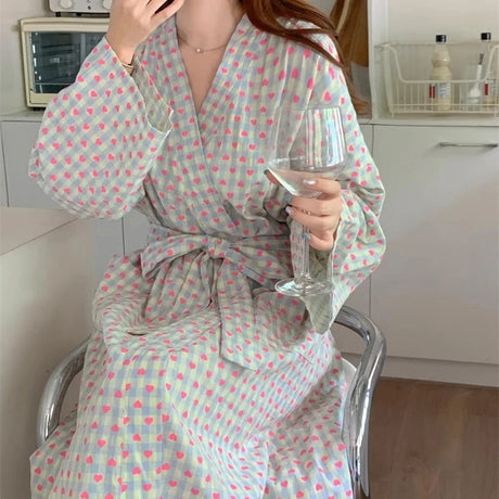 CHUANGERM Women Sweet Plaid Long Sleeve V‑Neck Lace Up Loose Medium‑Long Robe Comfortable Sexy Home Wear Loungewear