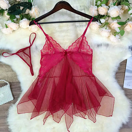 Tulle Suspenders Exquisite Women's Lencerias Lace V-Neck Underwear Semi-transparent Thong Dress Set Females Lingerie Nightgowns