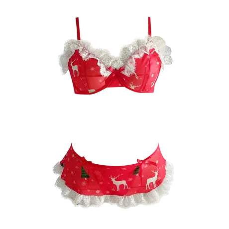 Sexy Lingerie Set Solid Color Lace See-Through Underwear 2 Piece Set Lace Patchwork Mesh Christmas Bowknot Women's Underwear