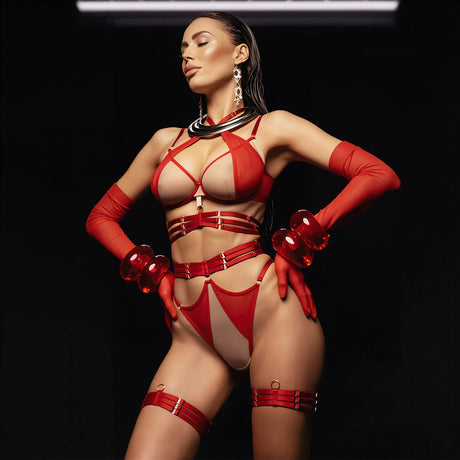 Diccvicc Sexy Red Strappy Lingerie Set Sheer Mesh Cutout Cross Halter Bra Cage Garter Thigh Bands Thong Exotic Women Underwear