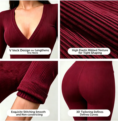 Women High Stretch Ribbed Knit Long Sleeve Jumpsuit Deep V Neck Slim Fit Tight Full Length Bodysuit Pants Casual Club Outfit