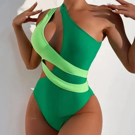 Sexy Swimwear Women Color Block Hollow Out Design One Shoulder Bikini Bodysuit Summer Beach Vacation High Cut One Piece Swimsuit